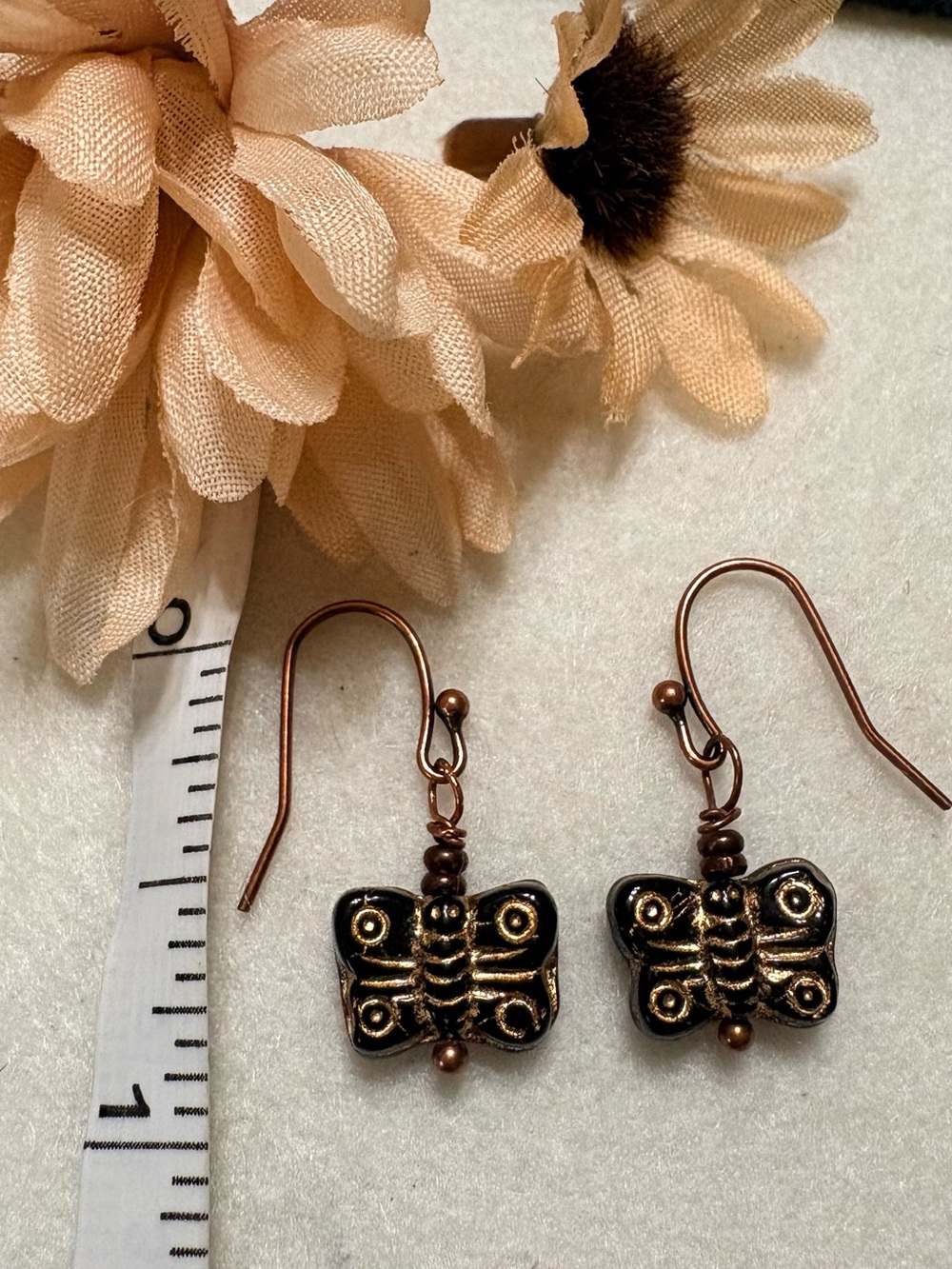 Handmade Black and Gold Butterfly Dangle Earrings - on copper Findings and hooks